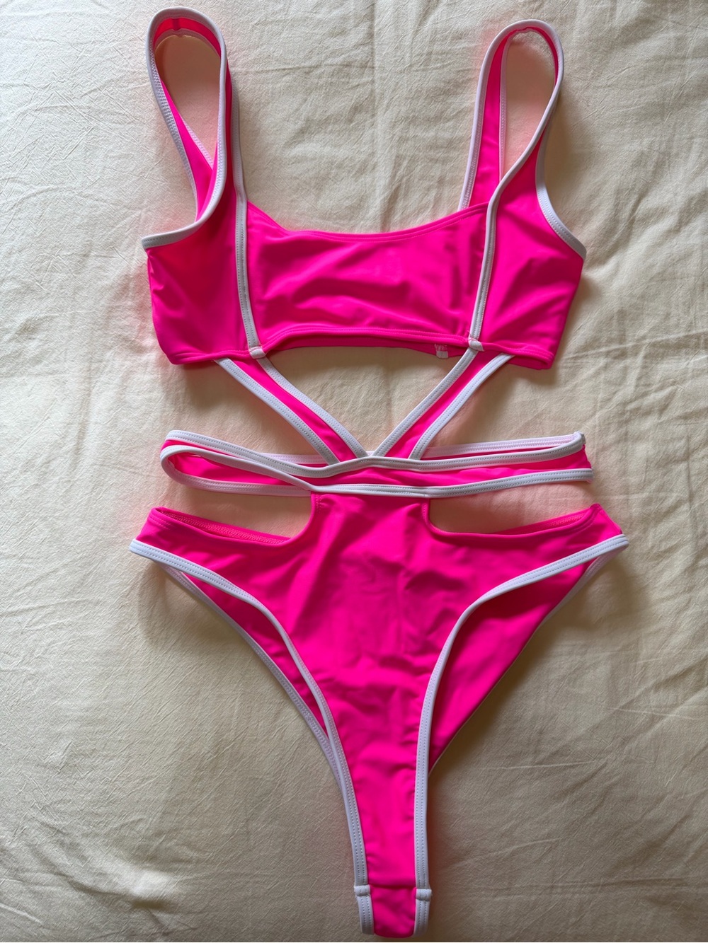 Tiger Mist Hot Pink One-Piece Cutout Swimsuit with White Trim